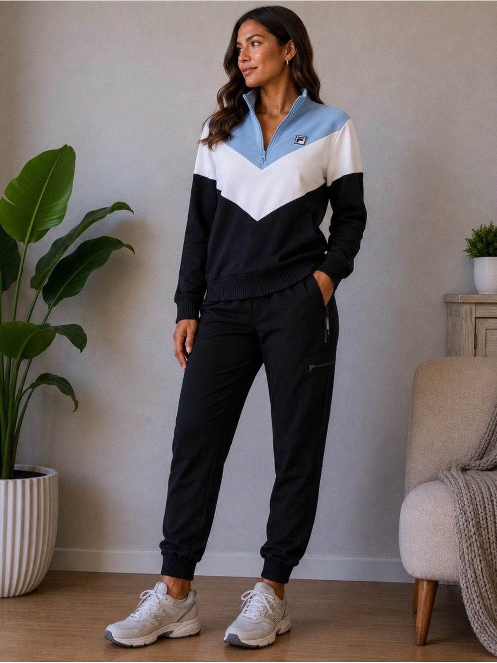 FILA Colorblock Quarter Zip Pullover - Black / Light Blue / White Size M